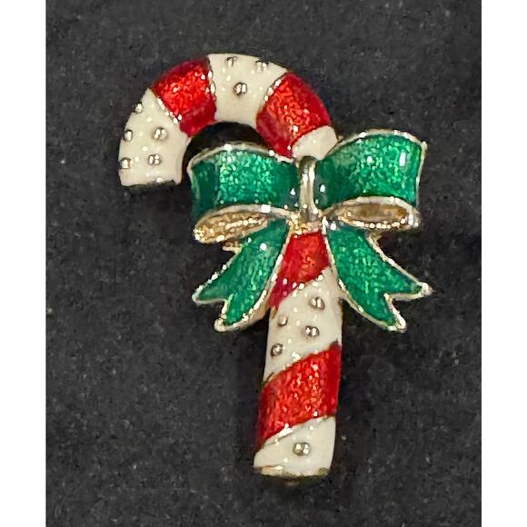 None Jewelry - Vintage Candy Cane Christmas Brooch Red and White Enamel Holiday Pin CP150